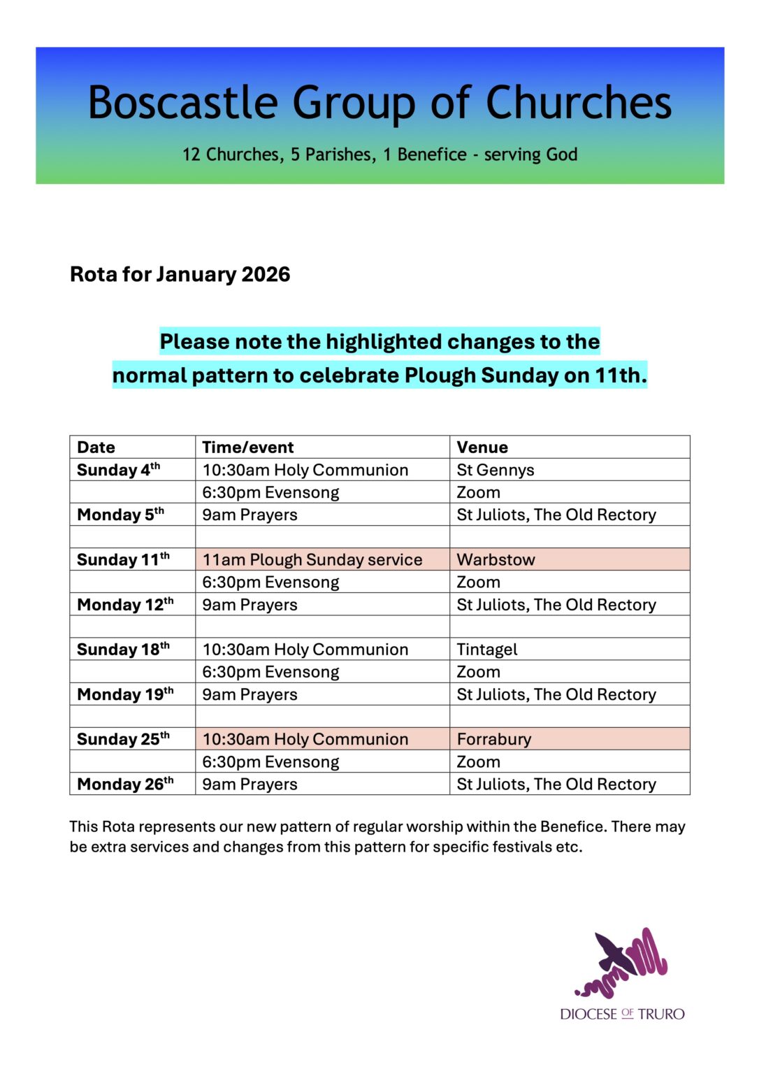 Church Rota Sample Rota for Services in January 2026 - Boscastle Group of Churches
